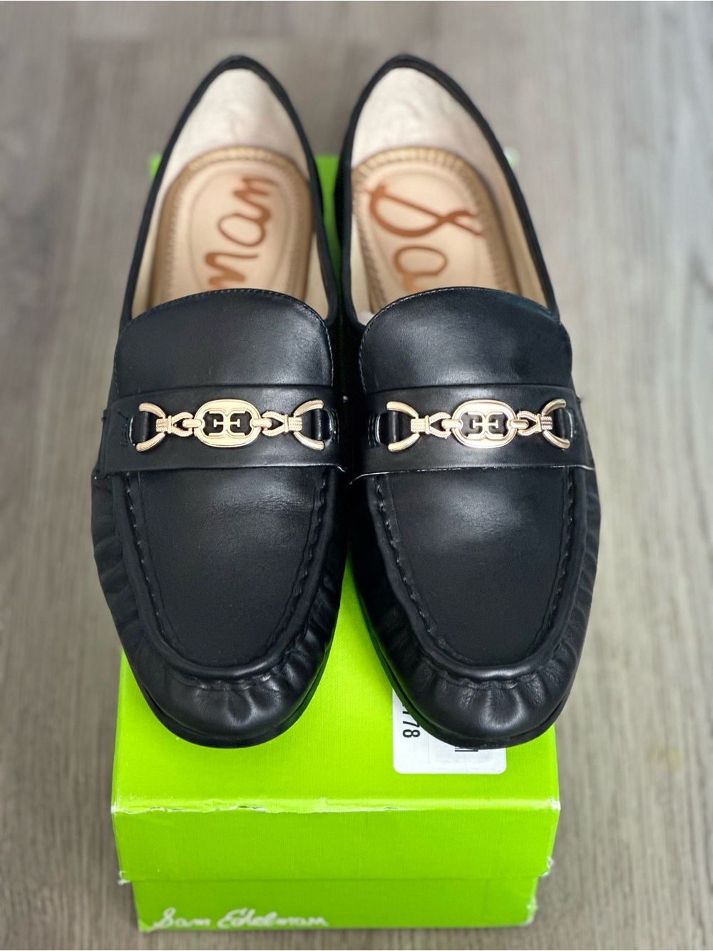 Sam Edelman Black Leather Lucca Loafers with Gold Chain Hardware